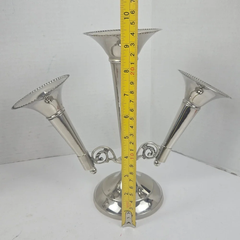 Vintage Silver-plated 3-Arm Trumpet Epergne Beaded Edge Vases 9.5x11